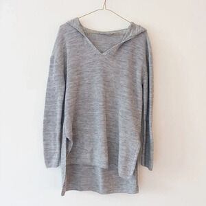 Athleta Gray Knit Hooded Sweater, Long Line V-Neck Pullover, Size Small